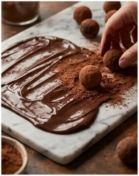 Rolling truffles in cocoa beside a slab of glossy tempered chocolate