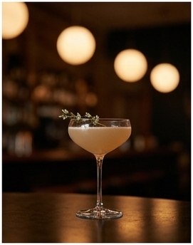 A coupe cocktail garnished with a delicate sprig in a warm, low-lit bar