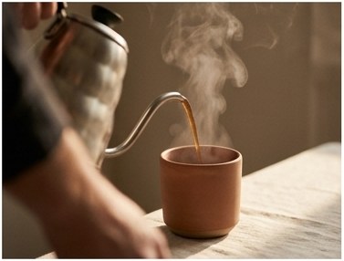 A freshly brewed drink being poured through a strainer into a cup, steam rising