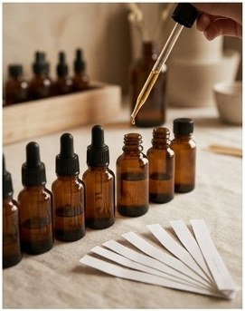 Amber perfume bottles, a pipette and scent strips on a linen bench