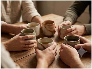 Hands and ceramic cups meeting over a shared wooden table